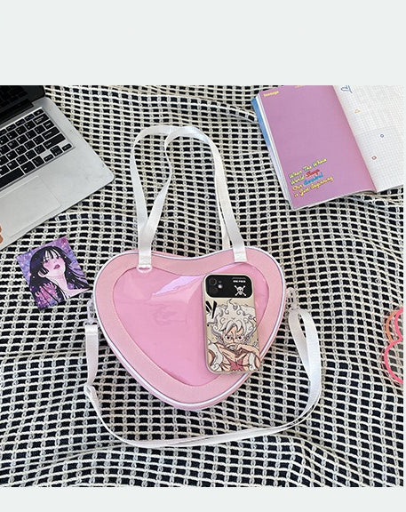 pink heart shaped ita bag full clear PVC display window with anime phone case inside