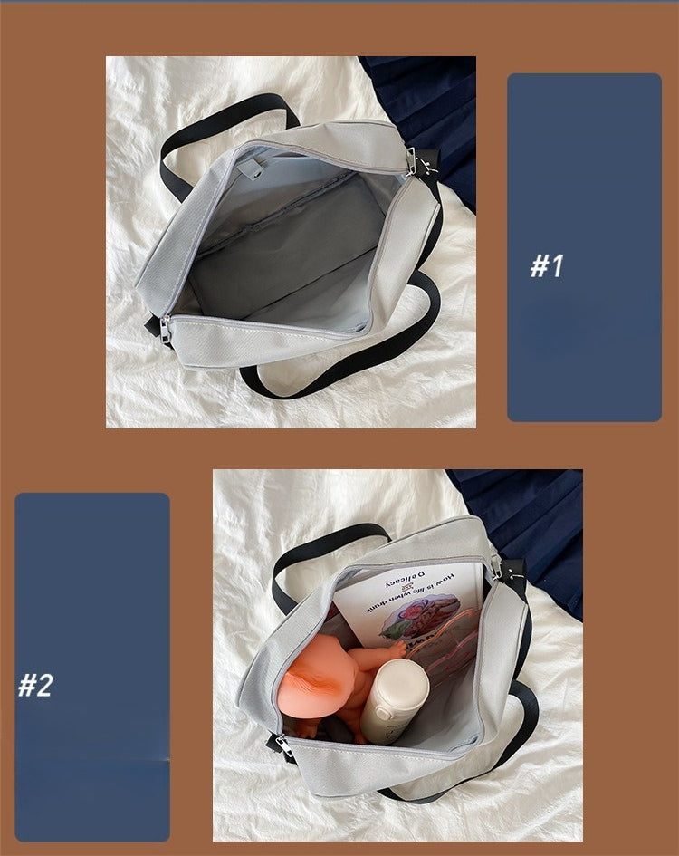 jk school bag interior open showing roomy main compartment and interior slip pocket with capacity demonstration