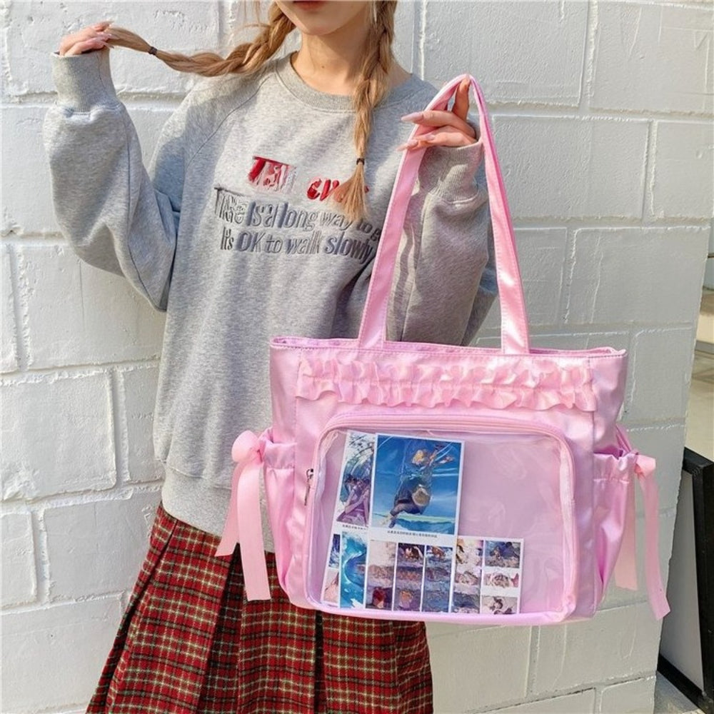 Lolita Satin Ita Bag Tote — Ruffle Bow Clear Window Bag for Photocards, Anime Pins & K-pop Merch