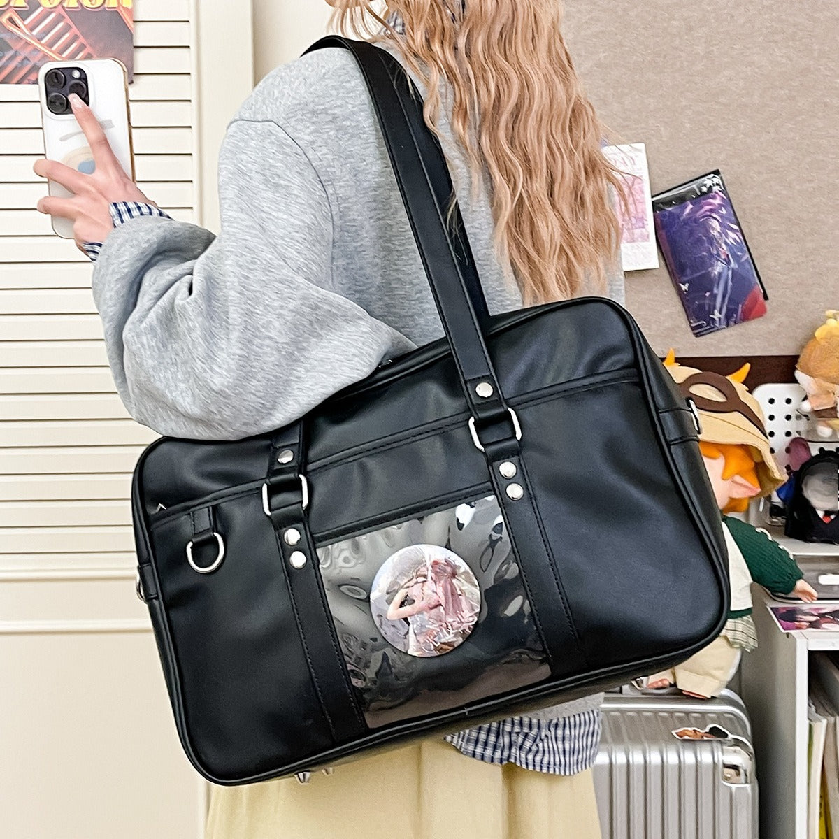 black JK style ita bag large capacity matte PU with round badge in front display window