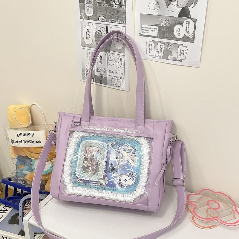 Large Lace-Up Ita Bag — PU Leather Clear Display Tote & Crossbody for Anime Pins & Photocards