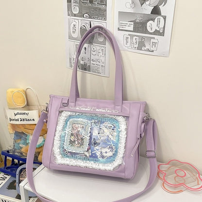 Large Lace-Up Ita Bag — PU Leather Clear Display Tote & Crossbody for Anime Pins & Photocards