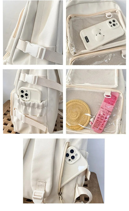 ita backpack side water bottle pocket back phone pocket and display window interior detail