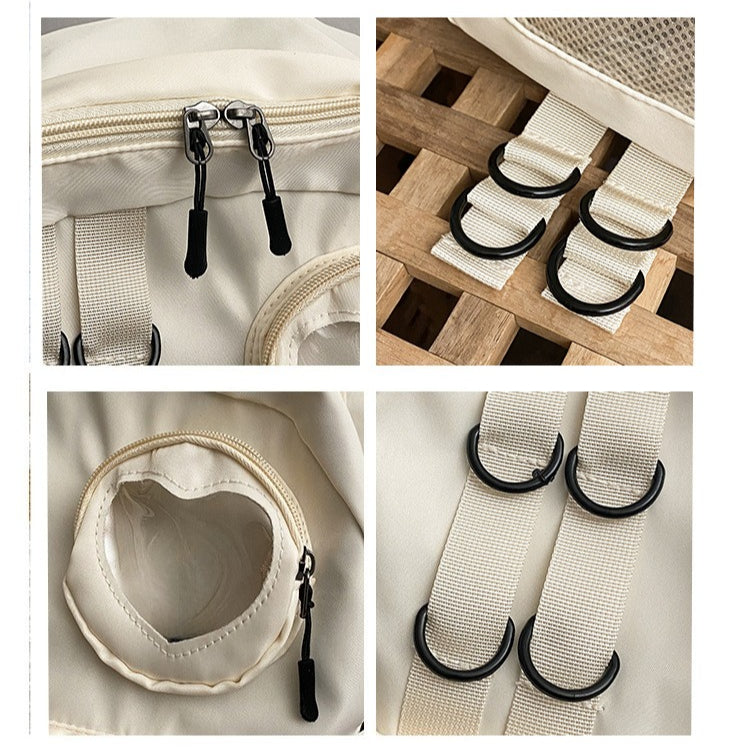 ita backpack detail double zip pulls D-ring loops heart window open and side hardware