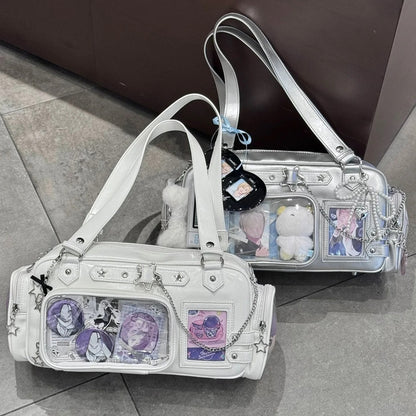 white and silver star ita bag boston tote with detachable display pouch loaded with anime badges and photocards