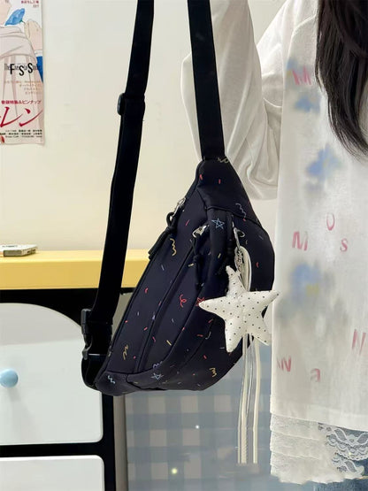black confetti sling bag worn as crossbody side view