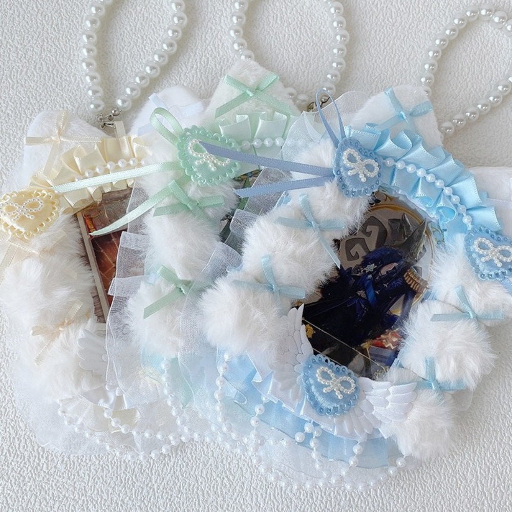 Group of 3 kawaii faux fur lace ita necklaces in blue mint cream