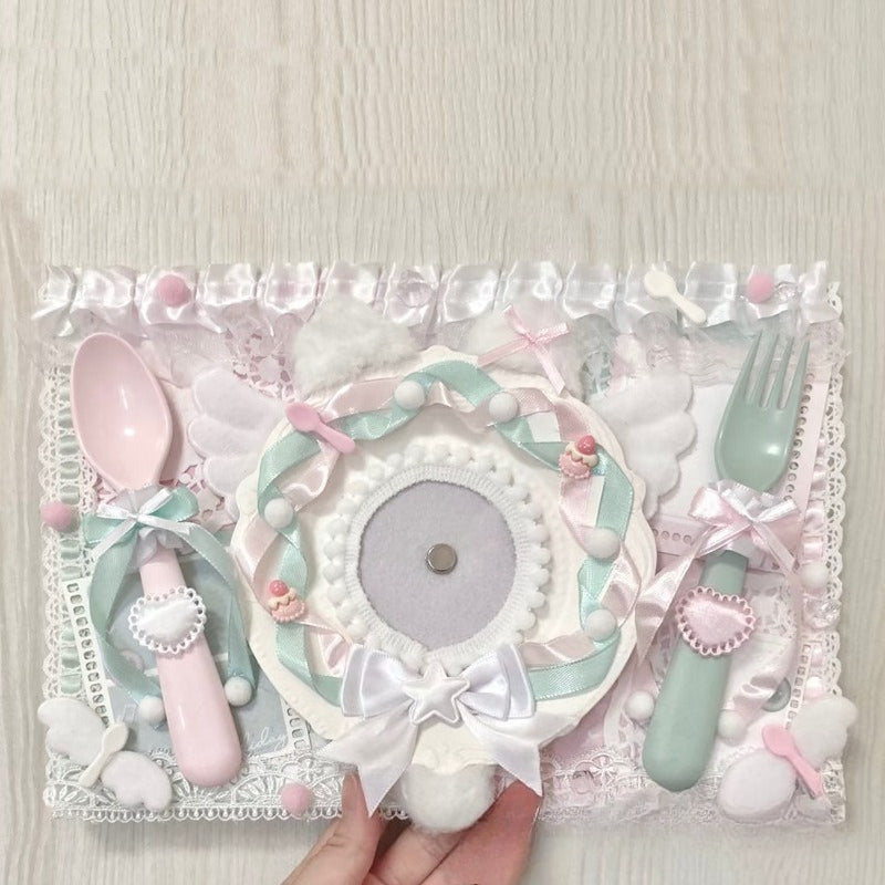 Mint green and pink kawaii placemat display insert with star bow and cake charms