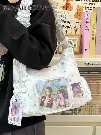 Display window with photo cards and ruffle trim detail