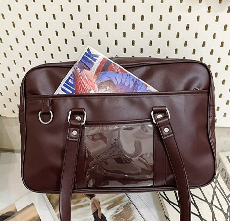 JK Style Large Ita Bag — PU Leather Boston Tote with Clear Display Window for Anime Pins & Merch
