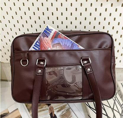 JK Style Large Ita Bag — PU Leather Boston Tote with Clear Display Window for Anime Pins & Merch