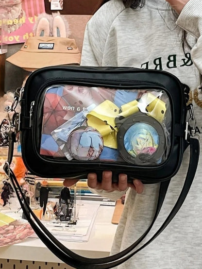 black camera ita bag large clear PVC display window with round anime badges inside