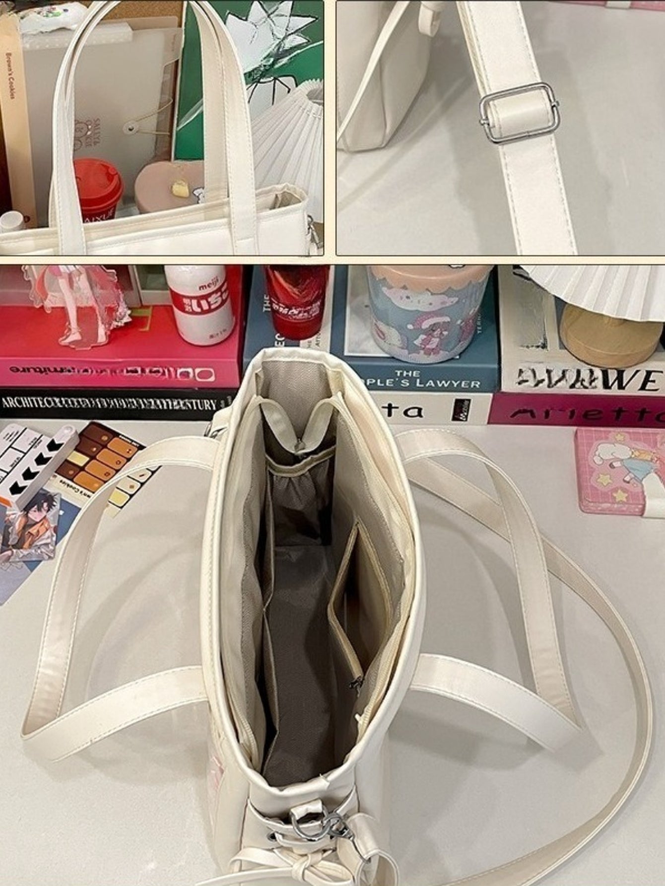 large ita bag interior grey lining divider zip pocket with handle and strap detail top view