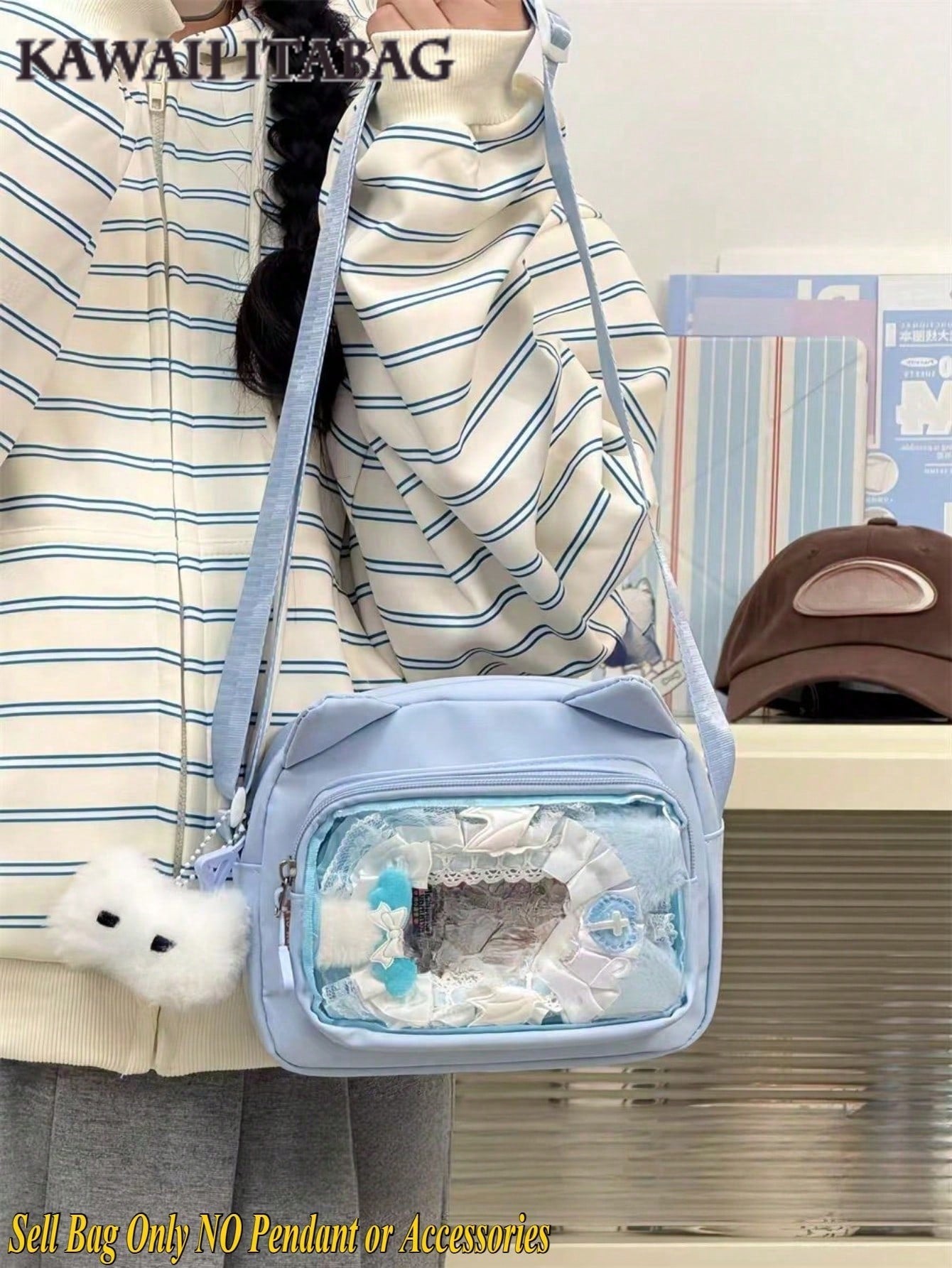 Small Crossbody Bags For Women Sling Bag Purses And Handabgs Nylon PVC Portable With Badges Display Plate Bag Good Nylon Bag Gift For Girls New Fashion 2025 Bags Kawaii Japanese Style Women Preppy Cute Lolita Clear Bag With Ears Transparent Ita Bag