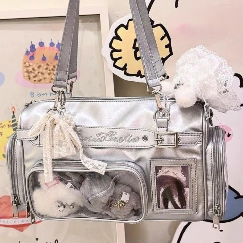 Silver transparent Boston ita bag with plush toy display