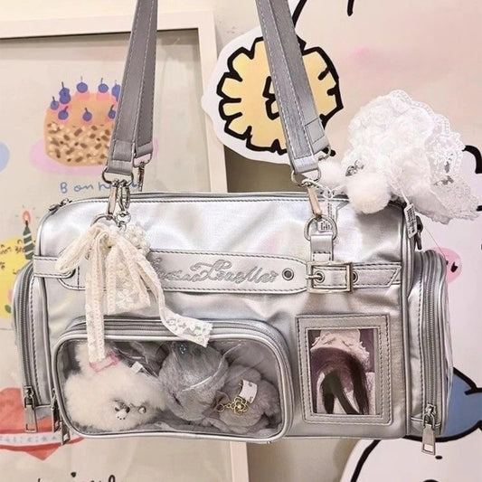 Kawaii Soft PU Leather Boston Bag 3D Pocket Transparent Itabag Women Letter Embroidery Large Shoulder Bag Girls Ita Bag Anime