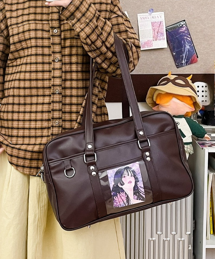 JK Style Large Ita Bag — PU Leather Boston Tote with Clear Display Window for Anime Pins & Merch