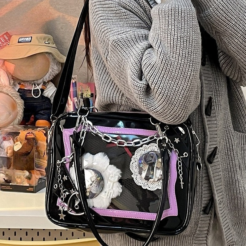 gothic chain ita bag black patent leather purple inner frame clear display window crossbody worn
