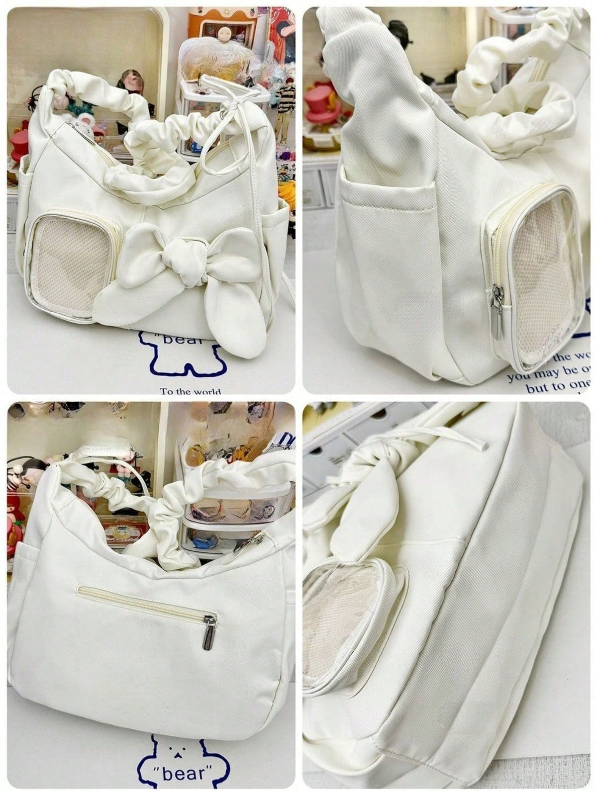 Four-panel detail of bow, side pockets, and ruched strap