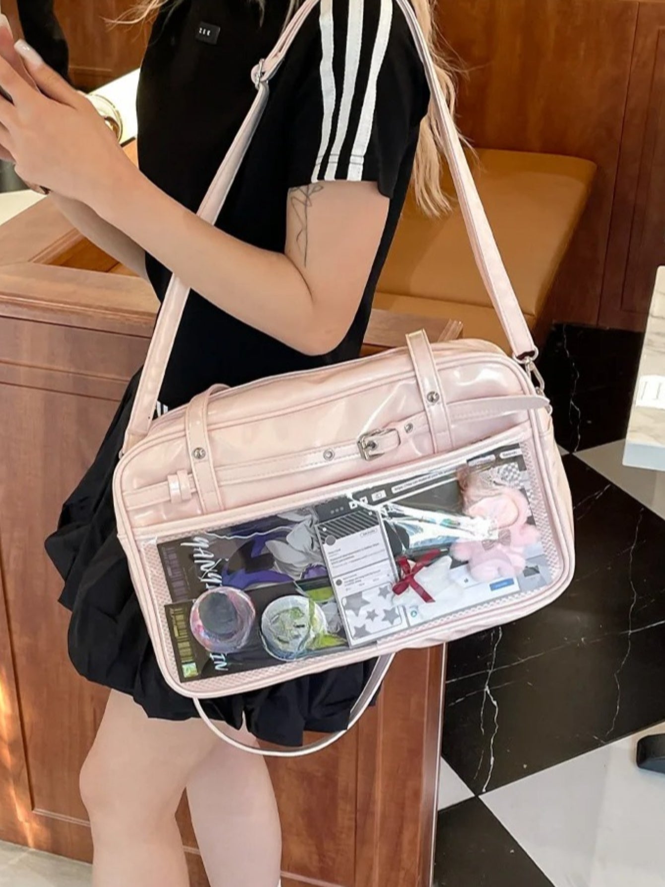 Large Metallic Ita Bag Tote — Full Clear Window Display for Anime Pins & Convention Merch
