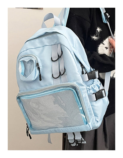Kawaii Ita Bag Backpack with Heart Window — Nylon School Bag with Mesh Display for Pins & Plushies