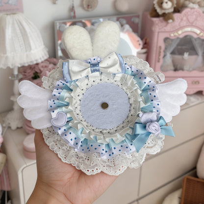 Blue satin lace bunny badge cover with plush wings