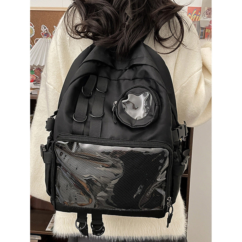 black kawaii ita bag backpack worn showing heart clear window and large mesh display