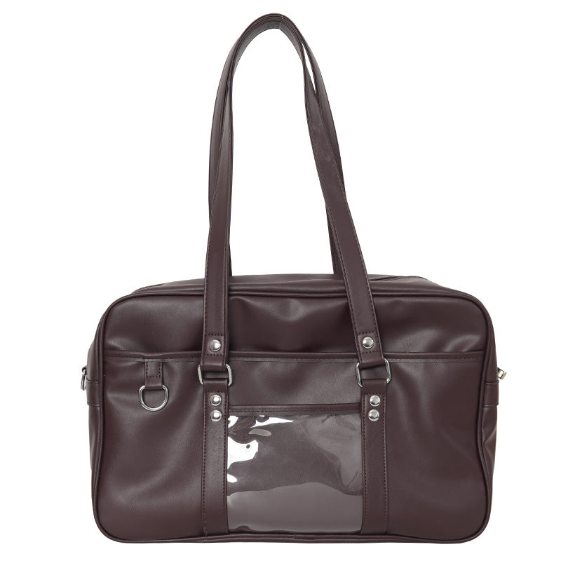 JK Style Large Ita Bag — PU Leather Boston Tote with Clear Display Window for Anime Pins & Merch