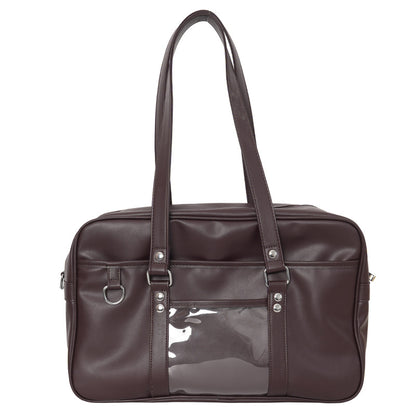 JK Style Large Ita Bag — PU Leather Boston Tote with Clear Display Window for Anime Pins & Merch