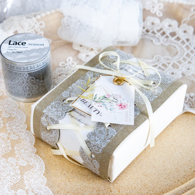 Sage green lace tape decorating a wrapped gift box