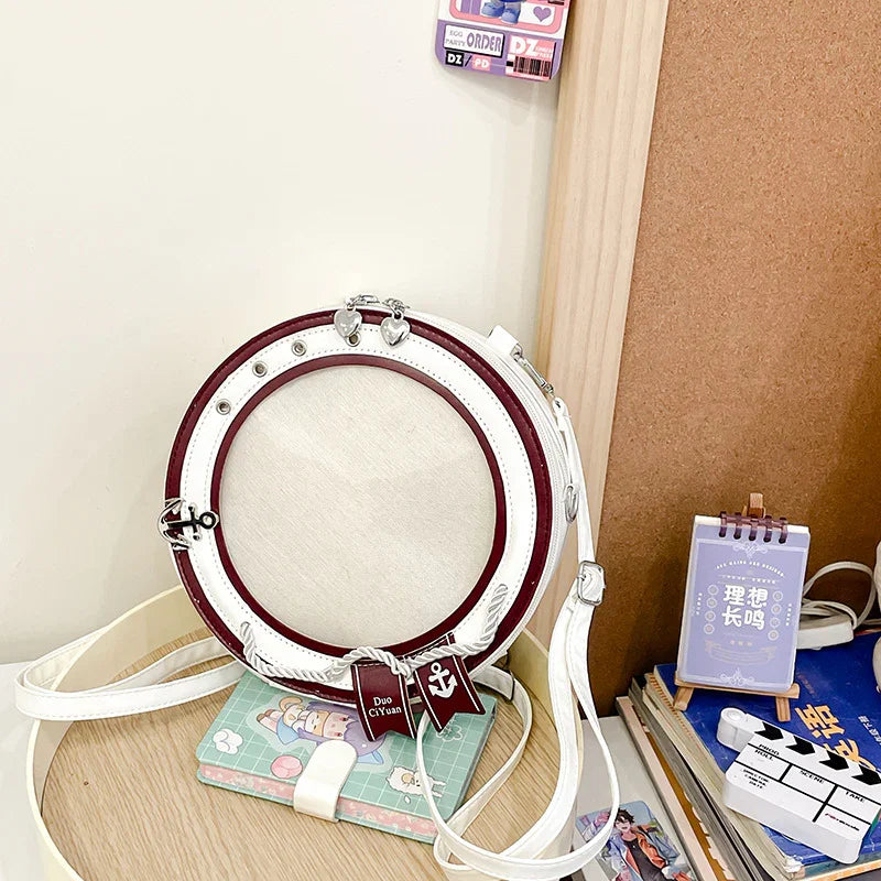 Round Ita Bag — Clear Window Circle Crossbody with Anchor Detail for Anime Pins & Photocards