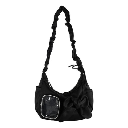 Kawaii Bow Ita Bag – Ruched Shoulder Bag with Clear PVC Display Window for Plushies & Badges
