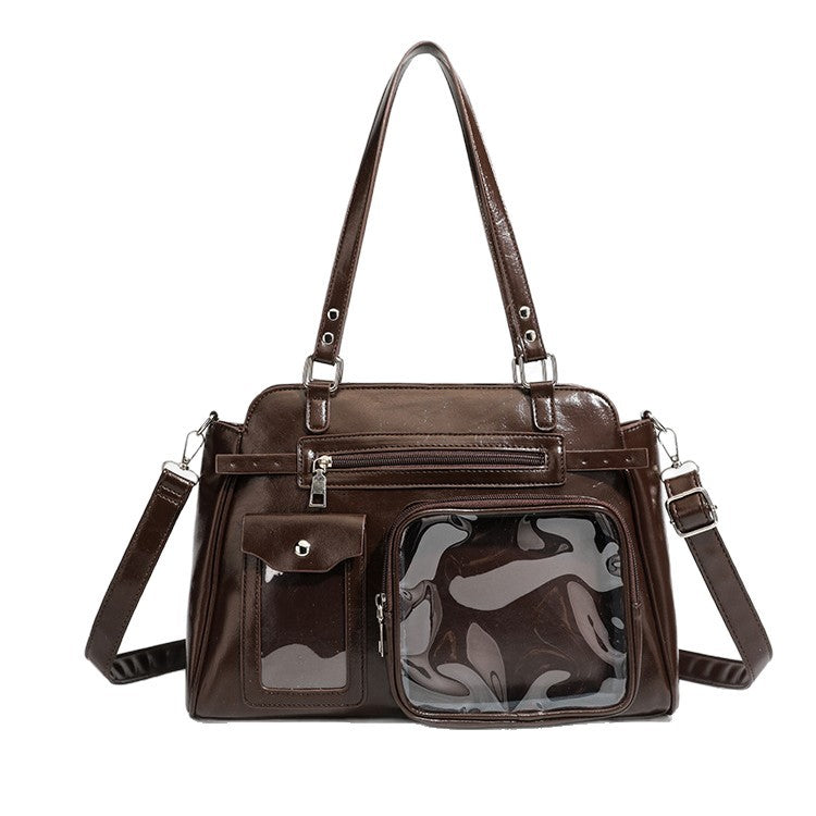 Vintage PU Leather Ita Bag — Large Capacity Clear Display Tote with Detachable Pouch