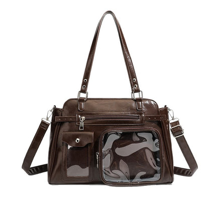 Vintage PU Leather Ita Bag — Large Capacity Clear Display Tote with Detachable Pouch