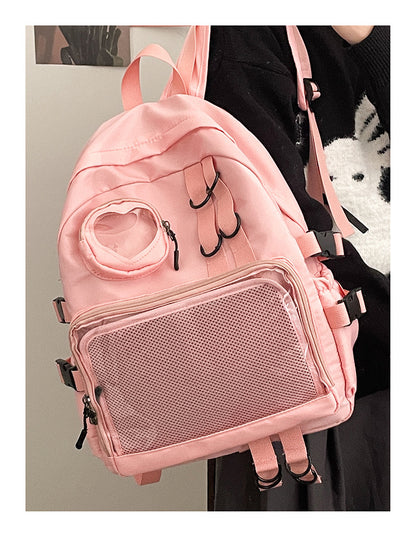 Kawaii Ita Bag Backpack with Heart Window — Nylon School Bag with Mesh Display for Pins & Plushies
