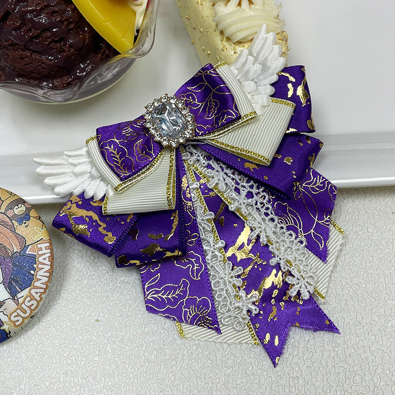 Angel Wing Bow Brooch Hair Clip with Rhinestone Centre, Lace Trim & Gold Foil Ribbon — 6 Colours