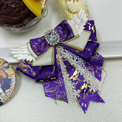 Angel Wing Bow Brooch Hair Clip with Rhinestone Centre, Lace Trim & Gold Foil Ribbon — 6 Colours