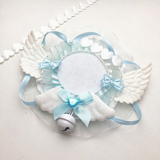 Blue white angel wing 58mm badge holder with bell closeup