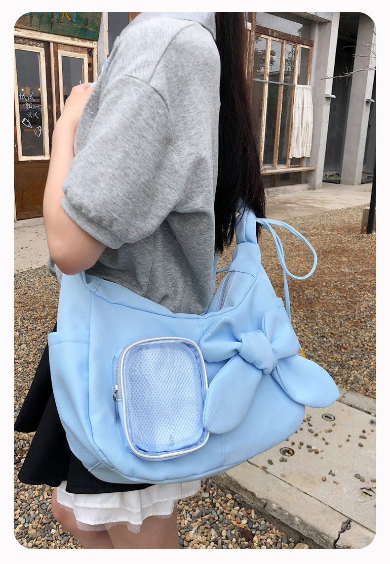 Kawaii Bow Ita Bag – Ruched Shoulder Bag with Clear PVC Display Window for Plushies & Badges