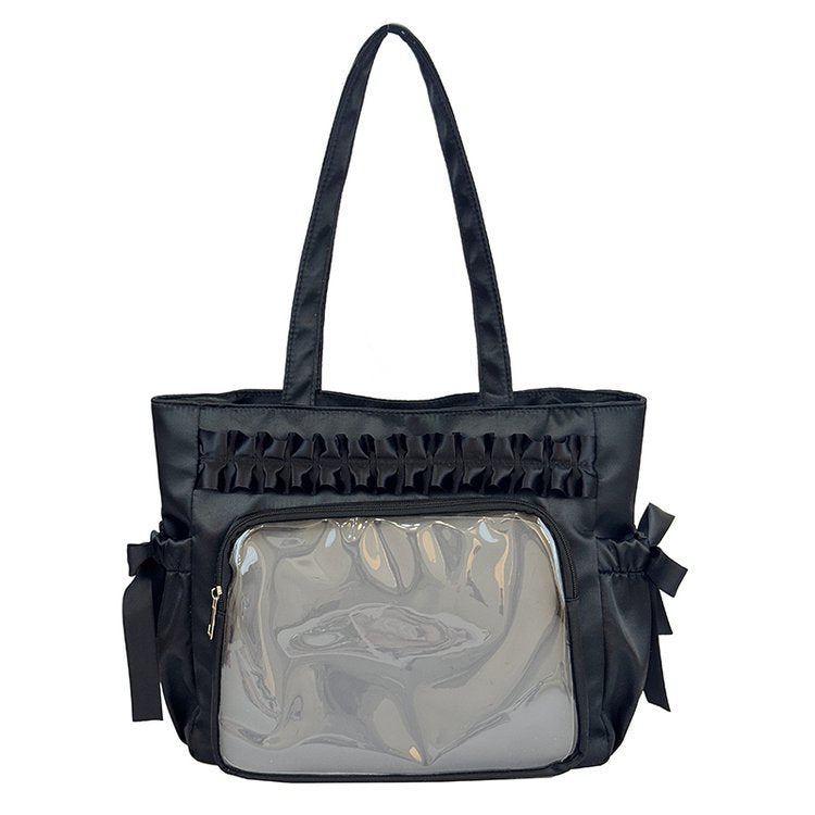 Lolita Satin Ita Bag Tote — Ruffle Bow Clear Window Bag for Photocards, Anime Pins & K-pop Merch