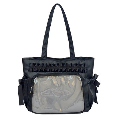 Lolita Satin Ita Bag Tote — Ruffle Bow Clear Window Bag for Photocards, Anime Pins & K-pop Merch