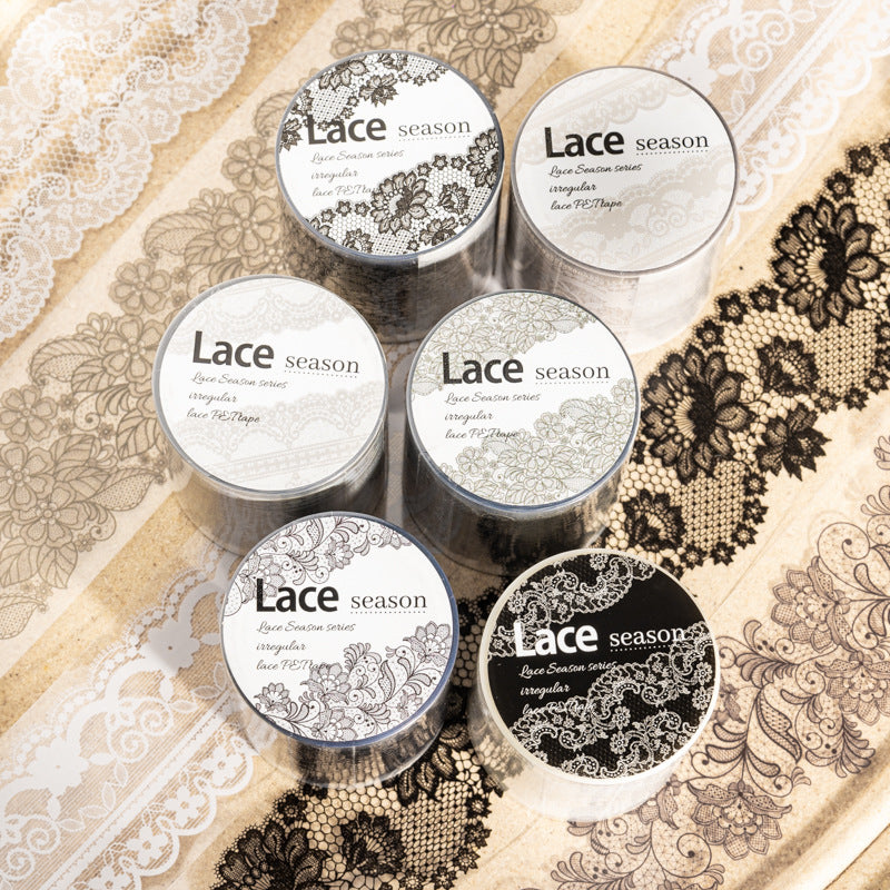 Six Lace Season tape canisters in black white sage green grey