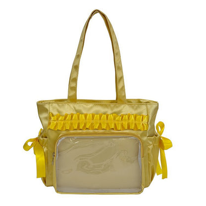 Lolita Satin Ita Bag Tote — Ruffle Bow Clear Window Bag for Photocards, Anime Pins & K-pop Merch