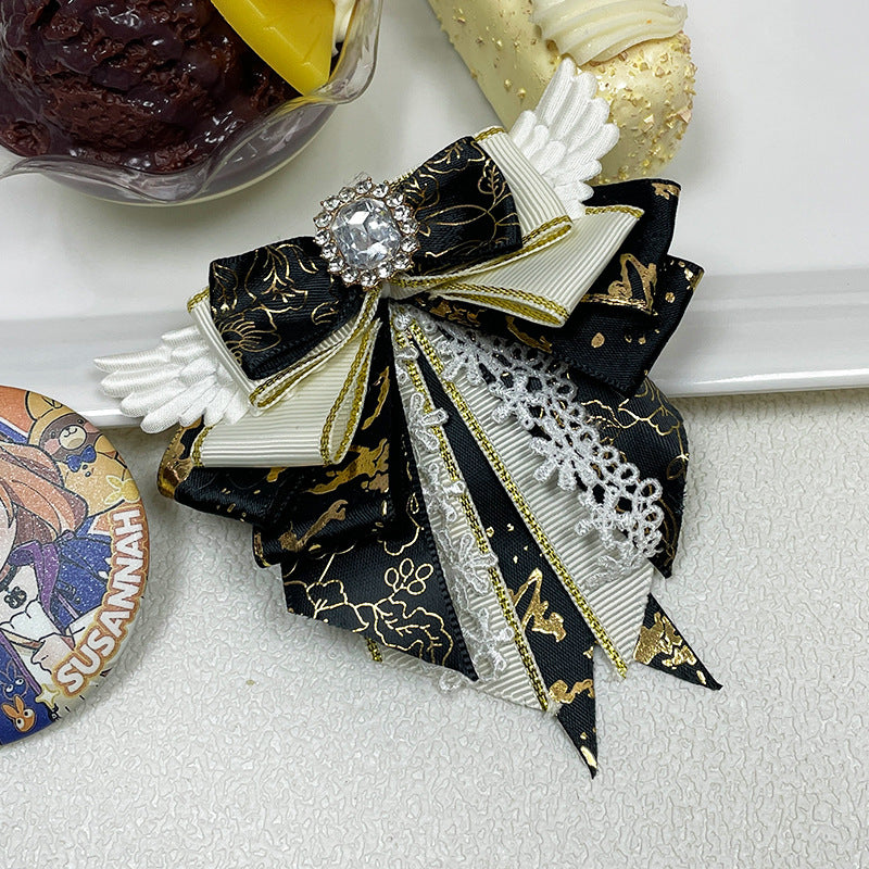 Angel Wing Bow Brooch Hair Clip with Rhinestone Centre, Lace Trim & Gold Foil Ribbon — 6 Colours