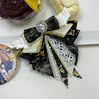 Angel Wing Bow Brooch Hair Clip with Rhinestone Centre, Lace Trim & Gold Foil Ribbon — 6 Colours