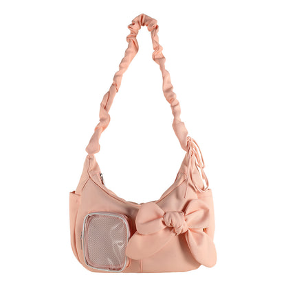 Kawaii Bow Ita Bag – Ruched Shoulder Bag with Clear PVC Display Window for Plushies & Badges