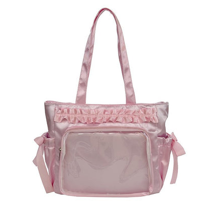 Lolita Satin Ita Bag Tote — Ruffle Bow Clear Window Bag for Photocards, Anime Pins & K-pop Merch