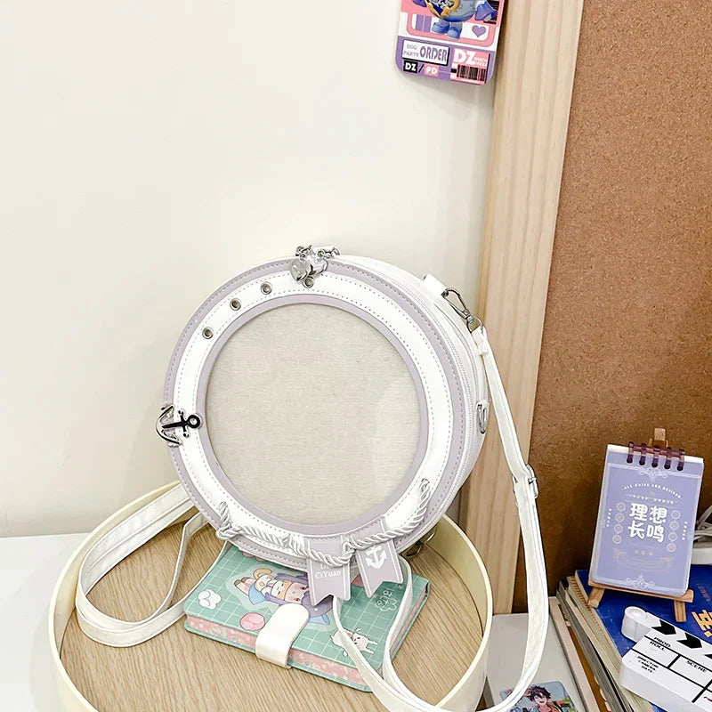 Round Ita Bag — Clear Window Circle Crossbody with Anchor Detail for Anime Pins & Photocards