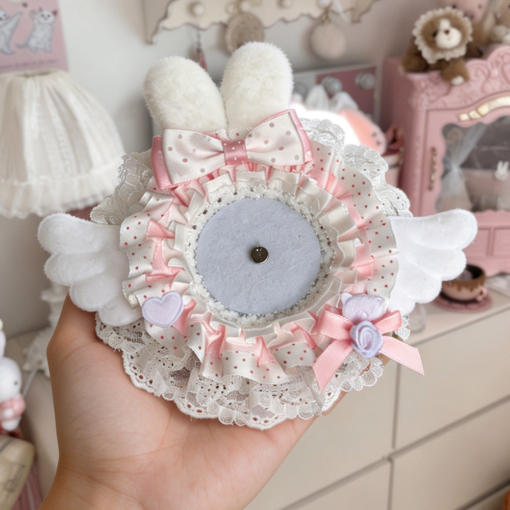 Pink kawaii bunny lace badge cover with angel wings