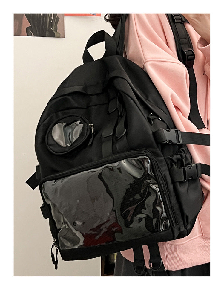 Kawaii Ita Bag Backpack with Heart Window — Nylon School Bag with Mesh Display for Pins & Plushies